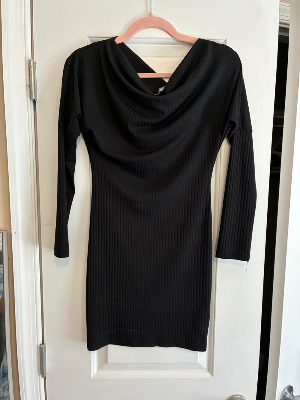 Black Ribbed Cowl Neck Long-Sleeve Dress
